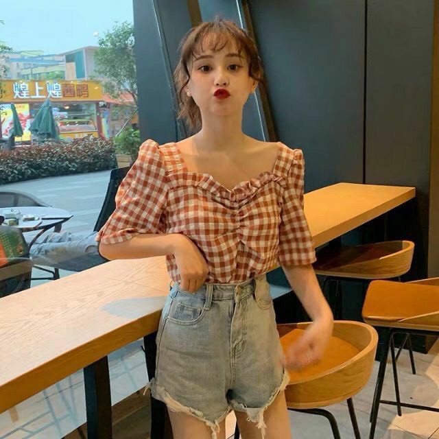 [Ảnh Thật] Áo croptop tay phồng hoạ tiết caro ulzzang  Cực Xinh