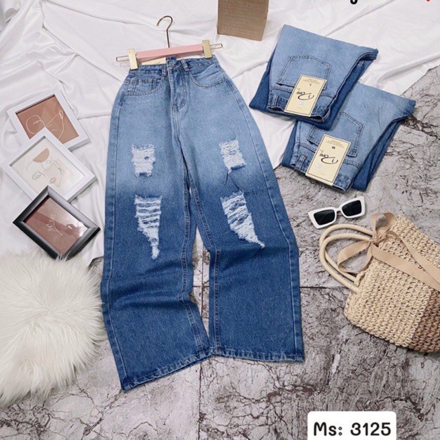 Quần Jeans Nữ - Quần Suông Jeans Ống Rộng Rách Kiểu Loang Màu Cực Đẹp, Chất Jeans Cotton Mềm Mịn, Thoáng Mát