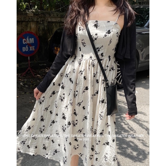 Set váy 2 dây hoa nhí dáng dài kèm áo khoác cardigan len croptop đi học, đi chơi