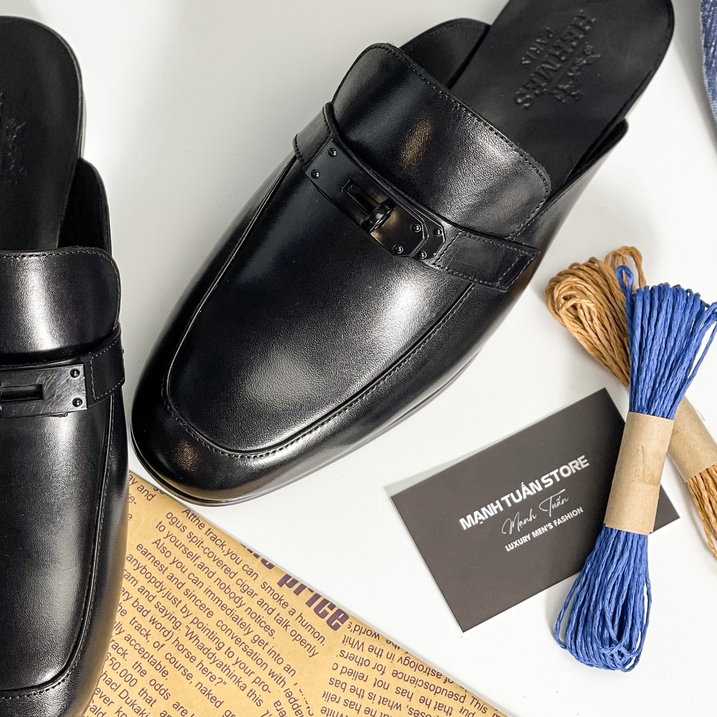 Sục nam cao cấp - Giày mules Hermes nam Da bò nguyên miếng, đế gỗ sồi cùng quai kim loại cực kì sang trọng SN15