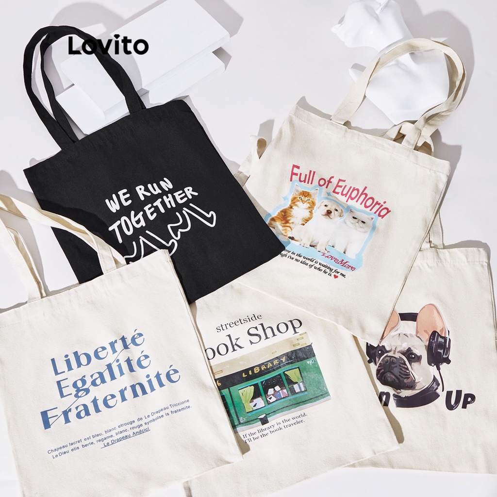 Túi tote đeo vai Lovito In đồ họa Vải canvas hỗn hợp cotton có trọng lượng nhẹ Bình thường L30BA11 (1/2/3/4/5)