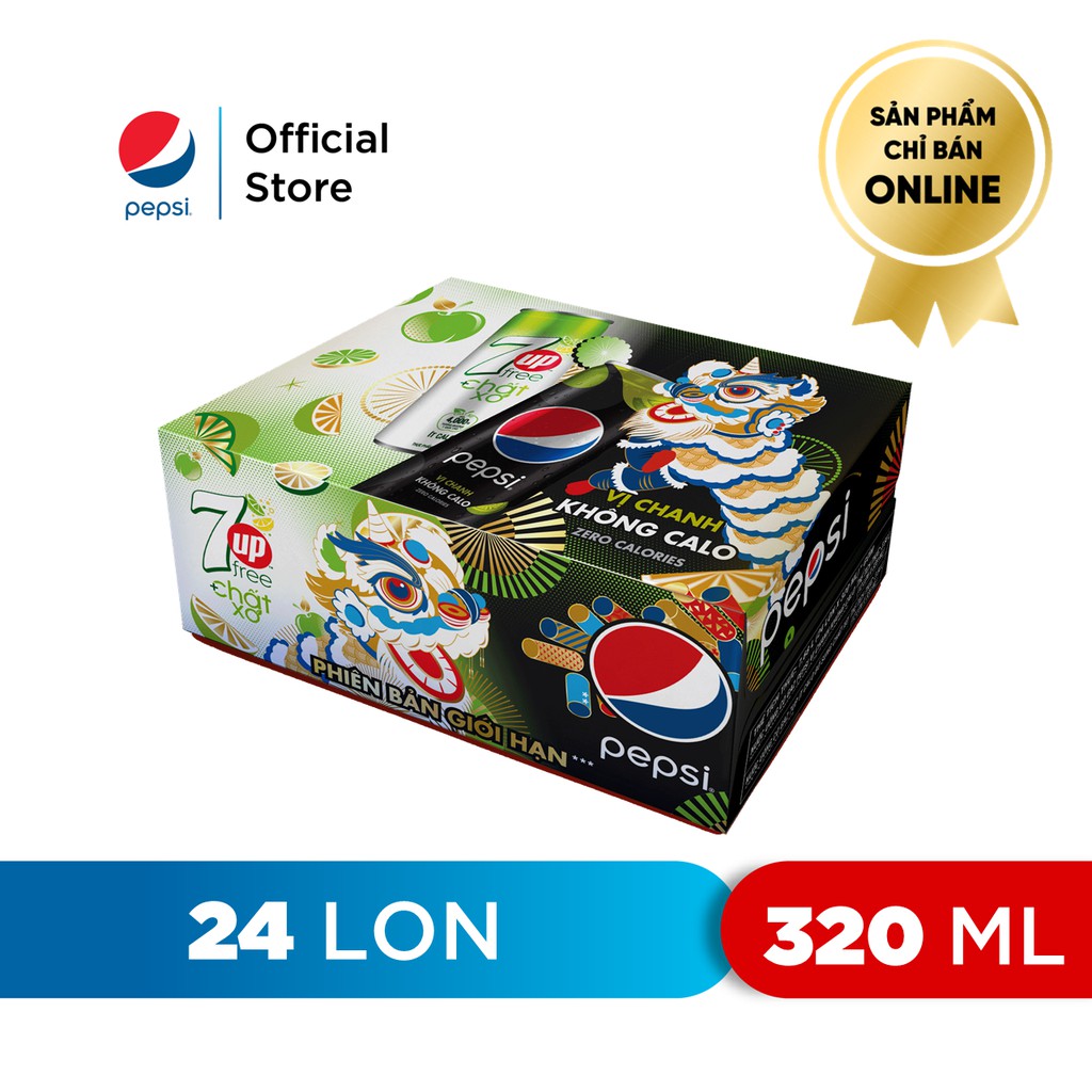 Thùng 24 Lon Mix 2 Vị Pepsi Vị Chanh Không Calo và 7Up Chất Xơ Ít Calo (320ml/lon)