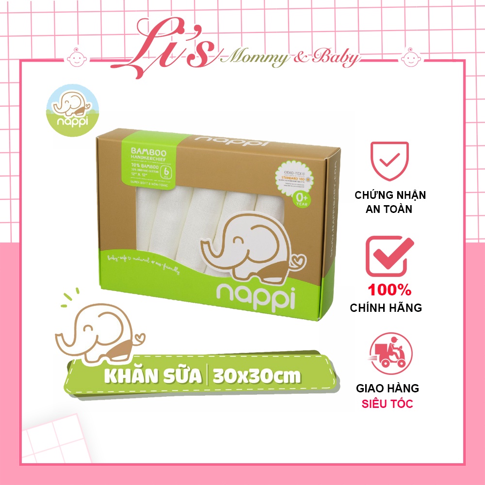 Khăn sữa cho bé Nappi Thái Lan hộp 6 chiếc sợi tre mềm mại đa năng làm khăn tắm lót quấn Mã K42