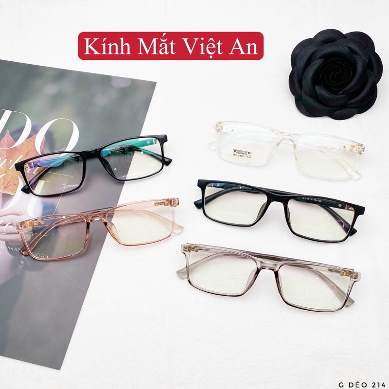 Gọng kính cận nhựa dẻo nam nữ VIETANEYEWEAR mắt kính chữ nhật thanh mảnh bền dẻo màu sắc thời trang 214
