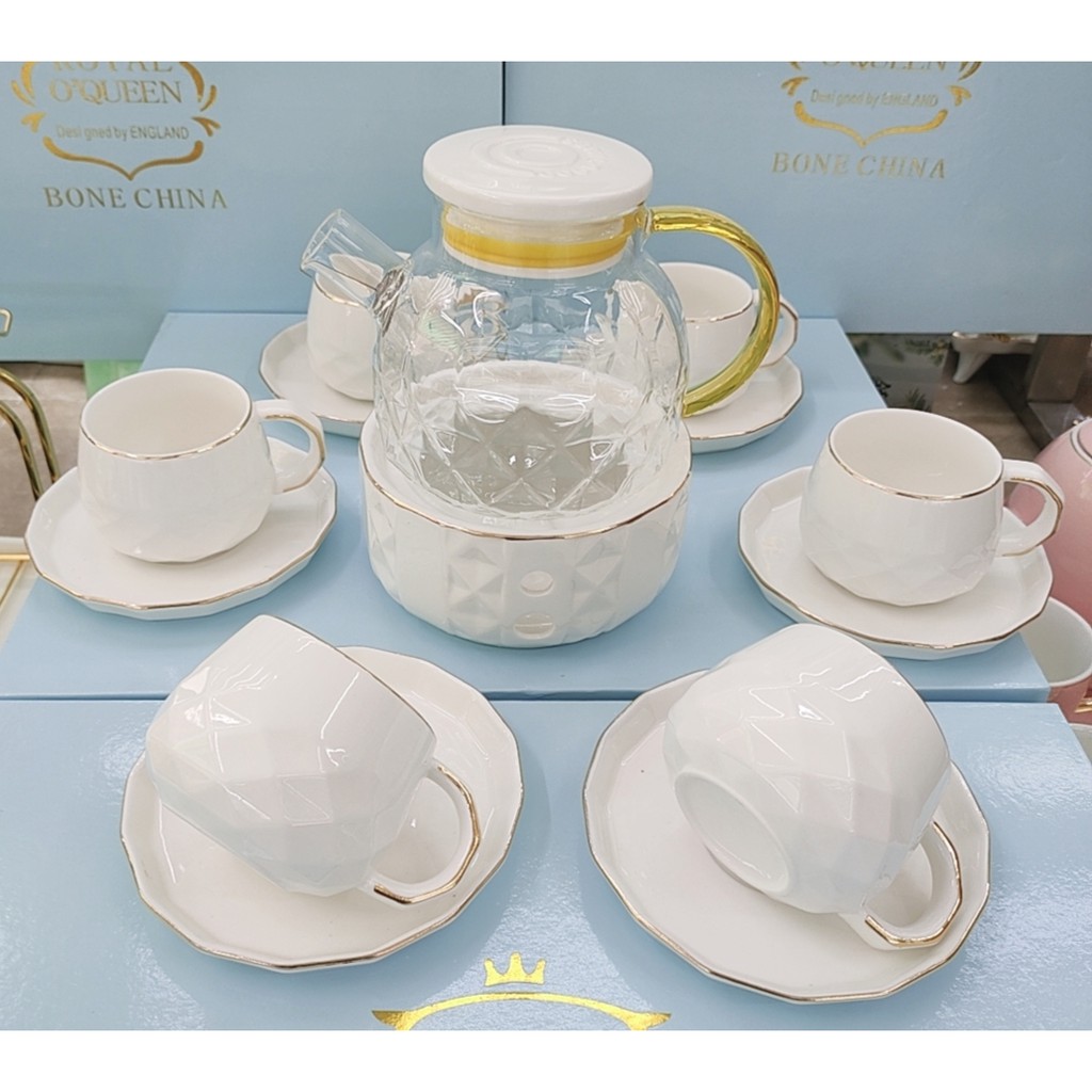 BỘ ẤM CHÉN CÓ LÓT TÁCH KÈM KHAY VÀ BẾP CHÂM TRÀ MÀU TRẮNG VIỀN VÀNG