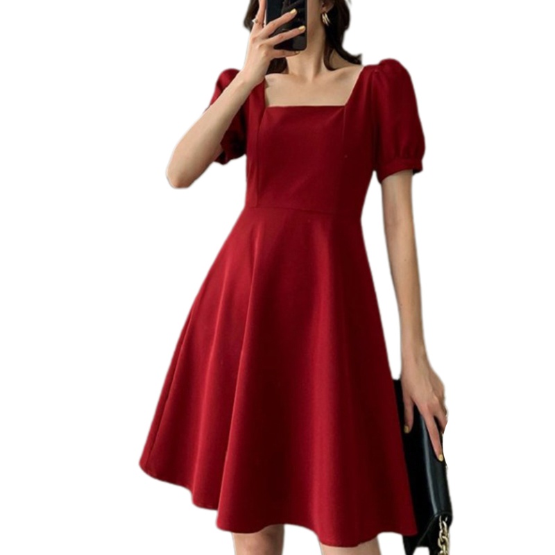 Đầm Midi Dáng Chữ A Tay Ngắn Phồng Cổ Vuông Màu Trơn Kiểu Retro Xinh Xắn Cho Bạn Gái