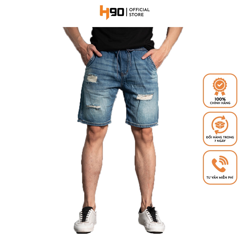 Quần Short Jean Nam Cạp Chun Rách H90 Chất Bò Co Giãn Ống Đứng J017
