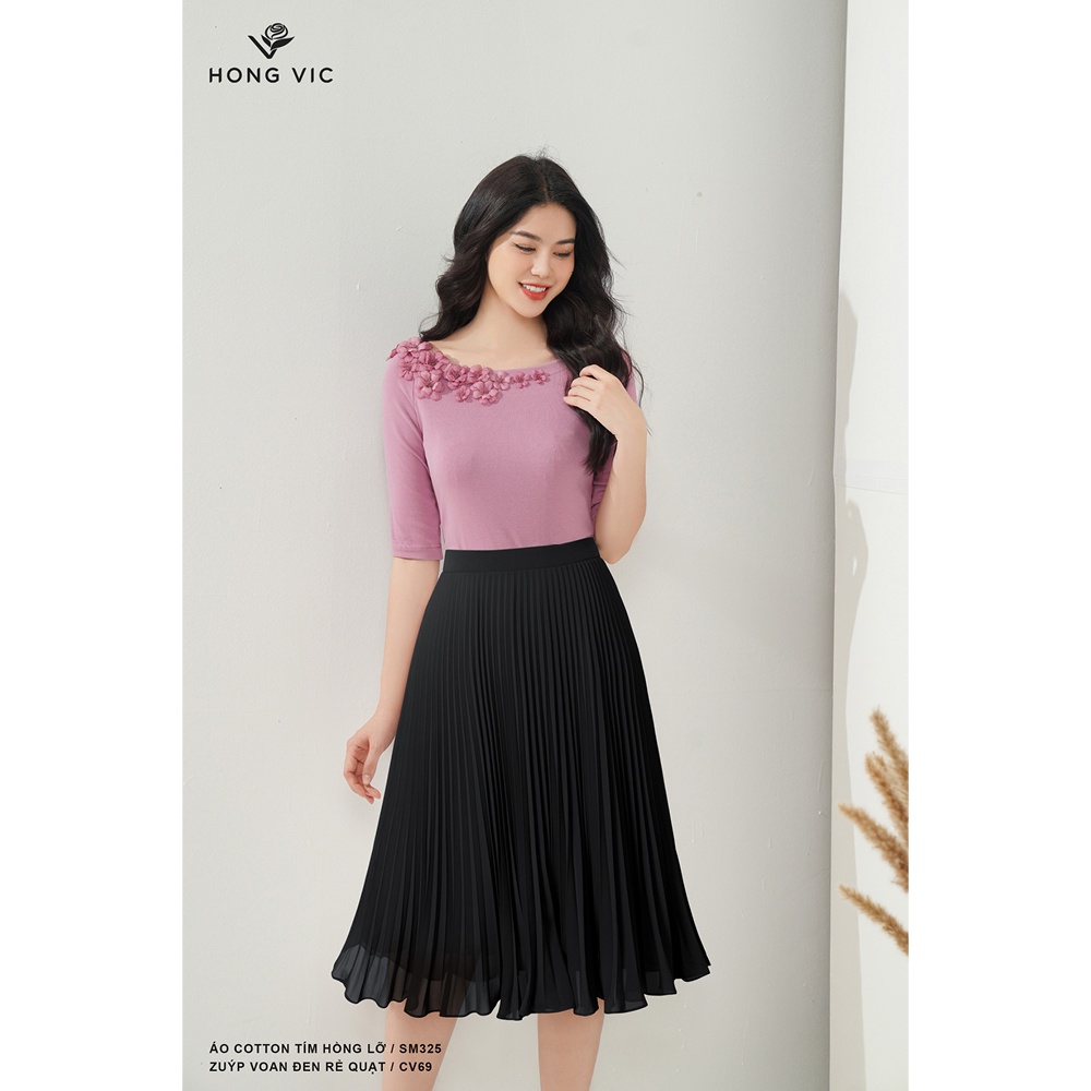 Áo nữ thiết kế Hong Vic cotton tím hồng tay lỡ SM325