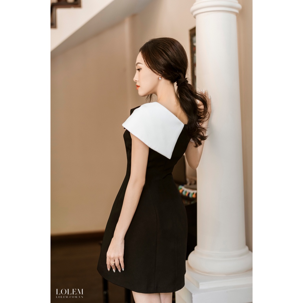 Đầm xòe dự tiệc LOLEM DX328 thiết kế lệch vai phối nơ ngực vải linen Thái thoáng mát