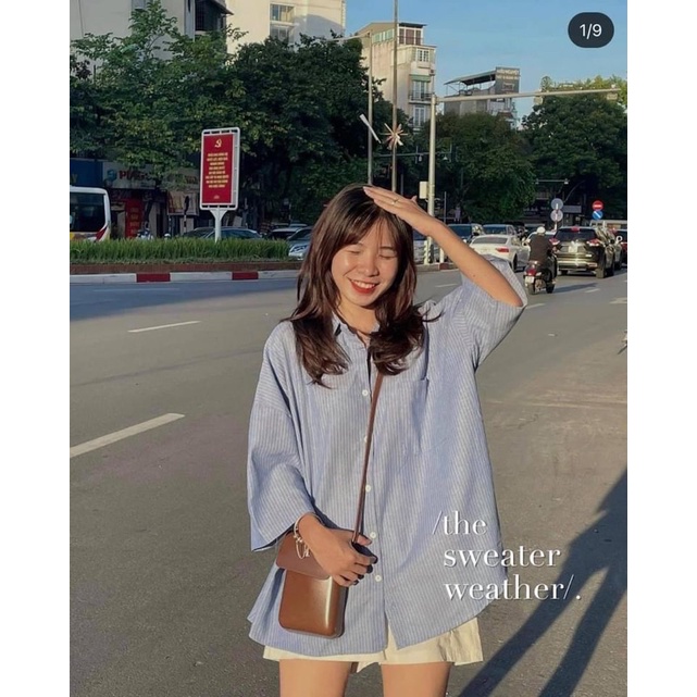 Áo sơ mi dáng over size thô kẻ tay lỡ 3 màu