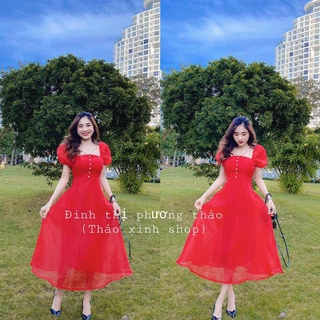 Đầm đỏ nút ngọc tay phồng