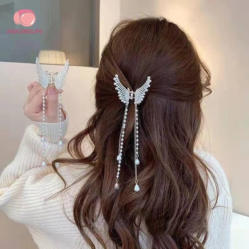 Kẹp Tóc Hình Nơ Tua Rua Đính Đá Ngọc Trai Thời Trang