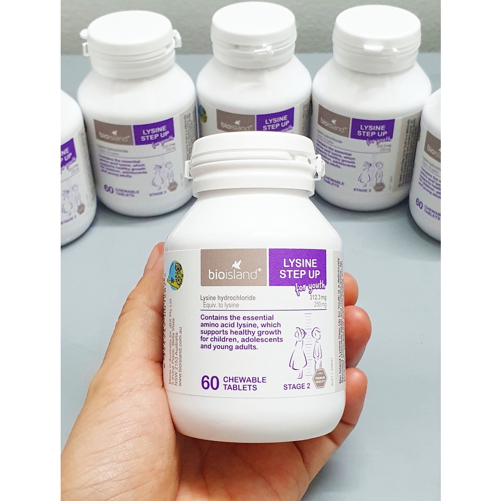 Tăng Chiều Cao Cho Bé Lysine For Kids hãng Bio Island Úc hộp bột 150 gram (0-5 tuổi) và chai 60 viên (trên 6 tuổi)