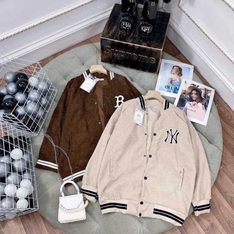 Áo khoác bomber nhung thêu chữ NY