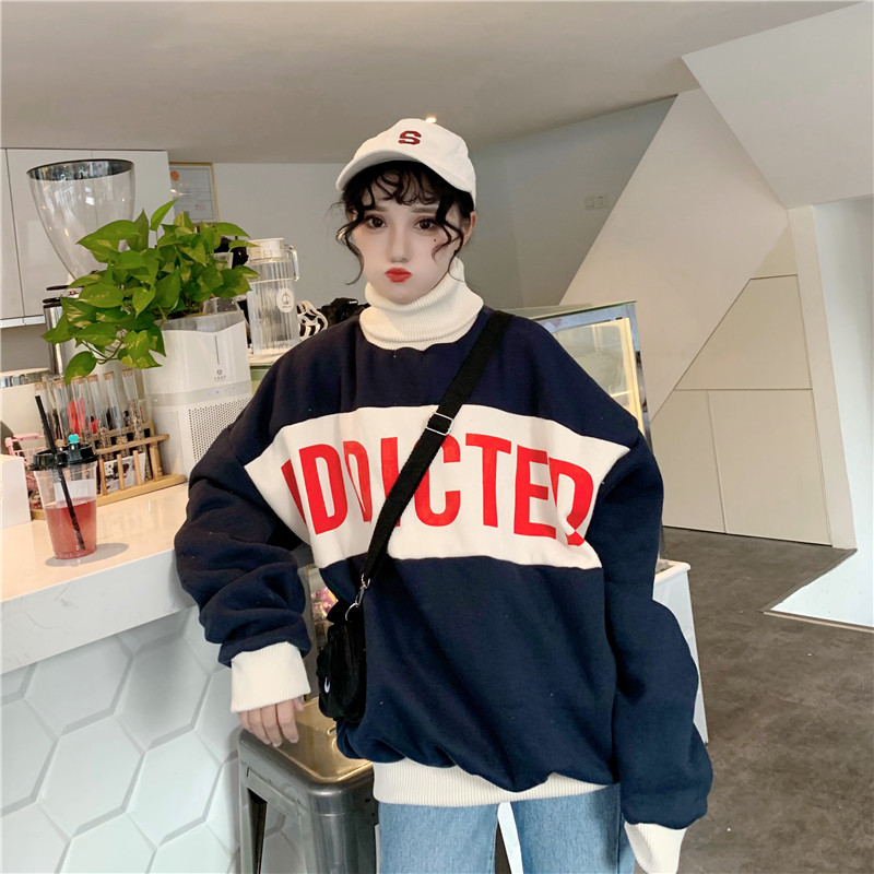 Áo Sweater Dáng Rộng Cổ Lọ Phối Màu Xinh Xắn Dành Cho Nữ