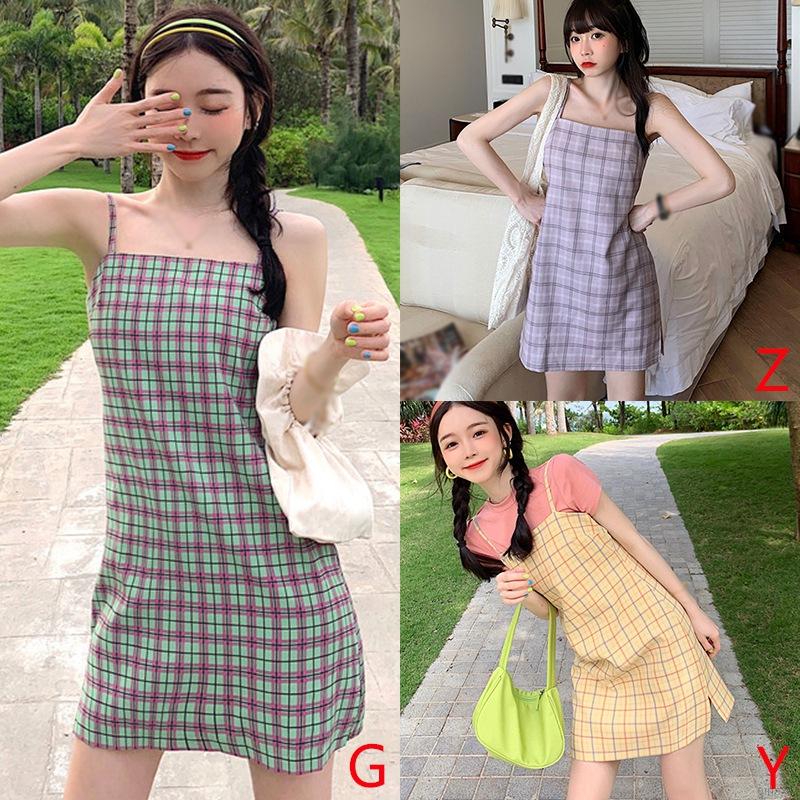 Đầm hai dây họa tiết kẻ sọc caro phong cách ngọt ngào cho nữ