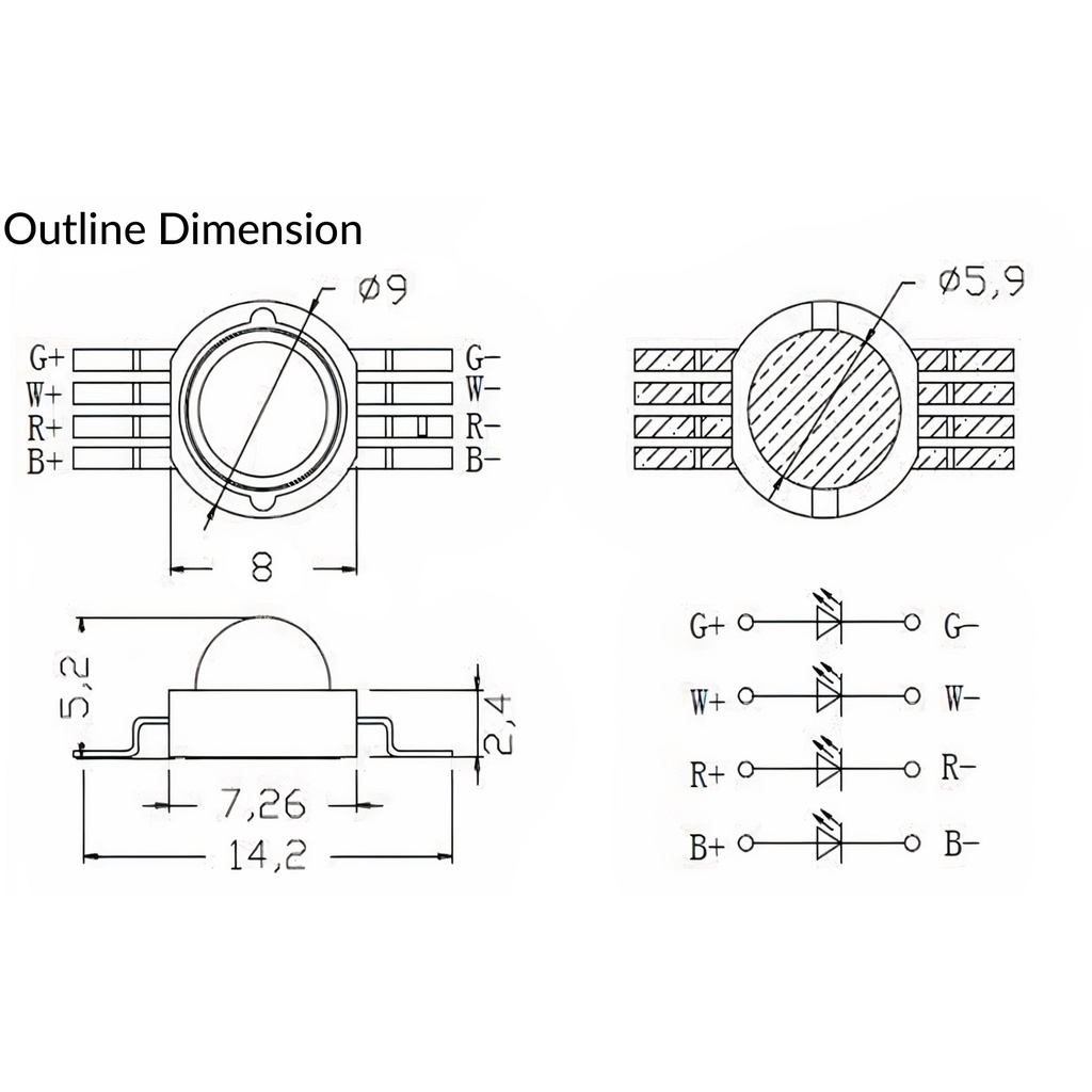 Led RGBW 4x3W 8 chân