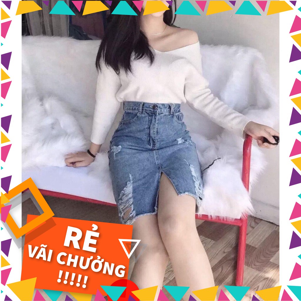 Sale 12C34B1 Chân váy jean lửng rách xẻ tà giữa 3 size SML Sale
