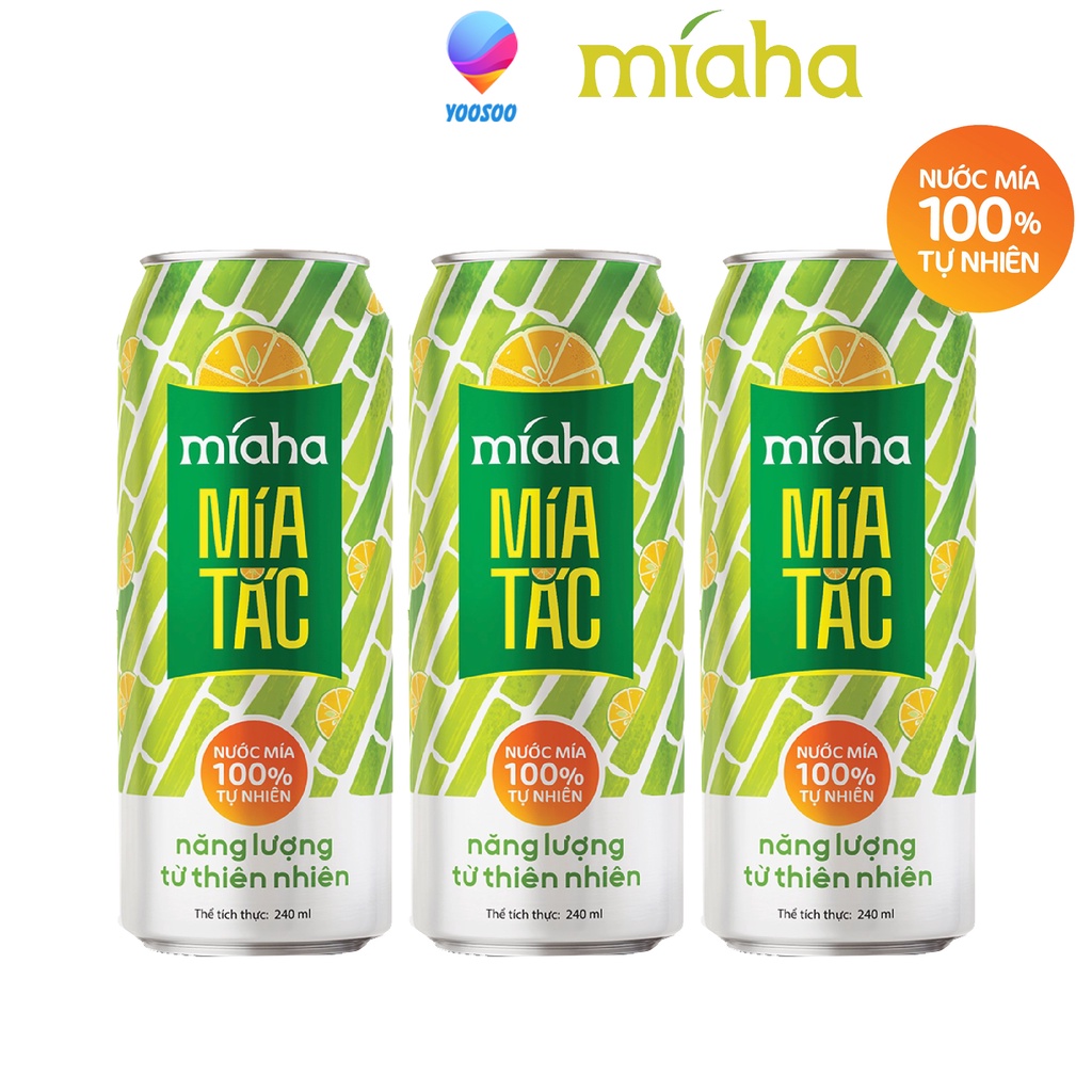 Combo 03 Lon Nước Mía 100% Tự Nhiên MÍAHA Hương Vị Tắc/ Đào/ Táo Lựa Chọn dung tích 240ml/Lon - YOOSOO MALL