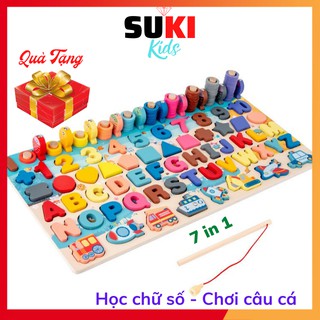 Bảng Chữ Cái Bằng Gỗ Cho Bé Bộ Đồ Chơi Thông Minh Giáo Dục Sớm Trẻ Em Xếp Hình Câu Cá Nam Châm 7 in 1 Suki Kids DC-BC145