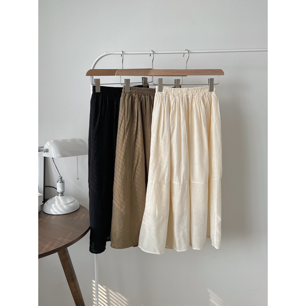 Chân váy midi tơ nhăn dáng dài công chúa bồng bềnh chuzme