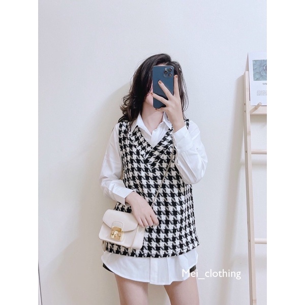 [Ảnh thật/video] Set áo sơmi kèm gile dạ kẻ hồng,đen cá tính/ sẻ 2 món