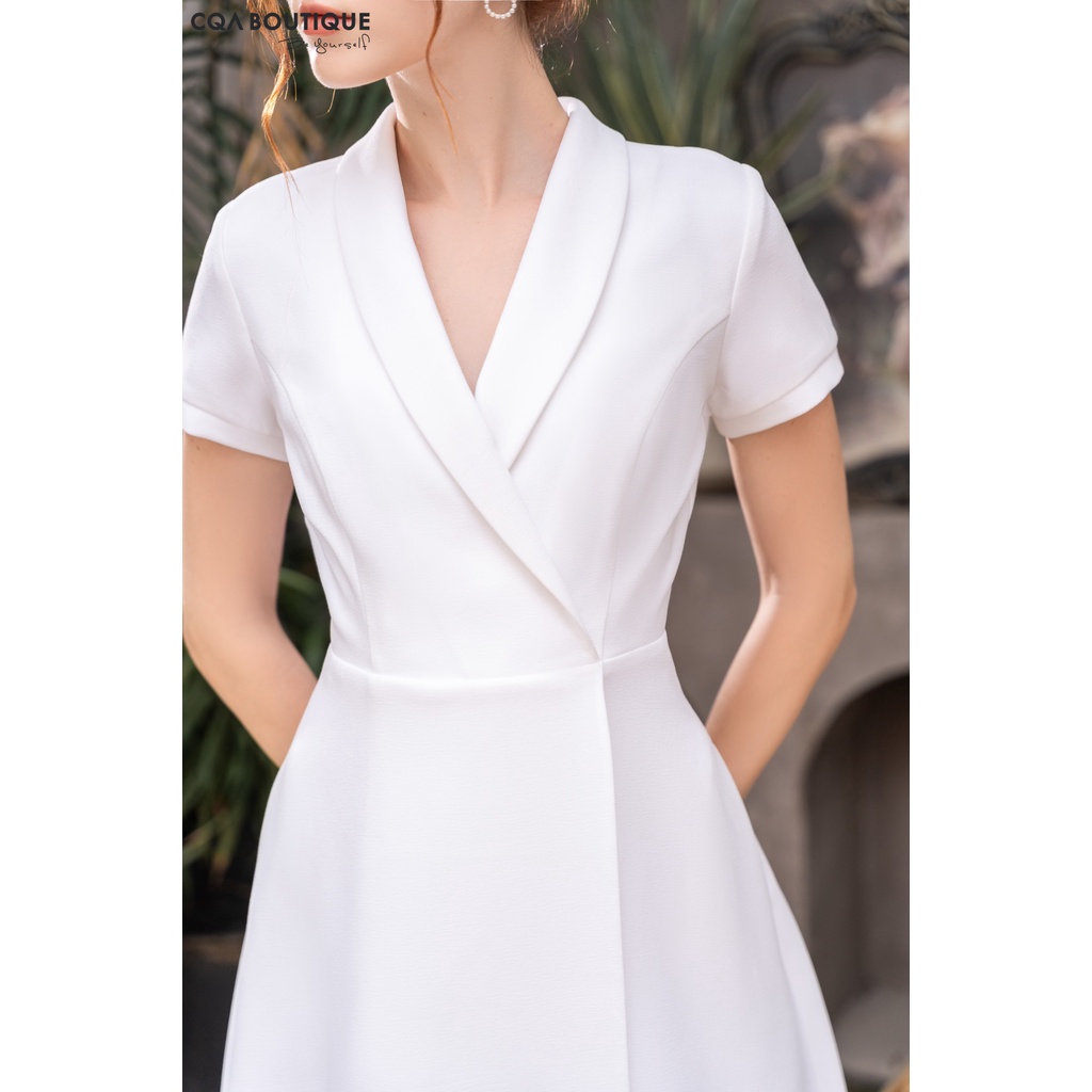 Đầm Công Sở Thiết Kế Cổ Vest Trắng Tay Ngắn Cao Cấp Thương Hiệu CQA BOUTIQUE CQA0079