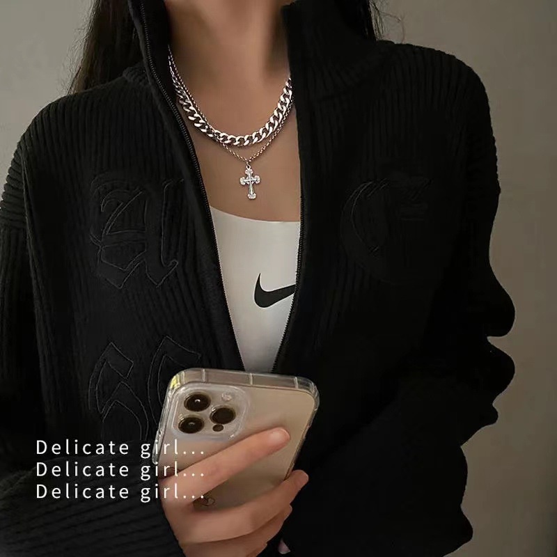 dây chuyền unisex hai lớp thánh giá HipHop phong cách Âu Mỹ cực ngầu