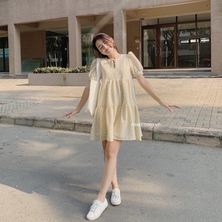 Đầm babydoll dáng xòe tay phồng cột nơ Alicia Dress