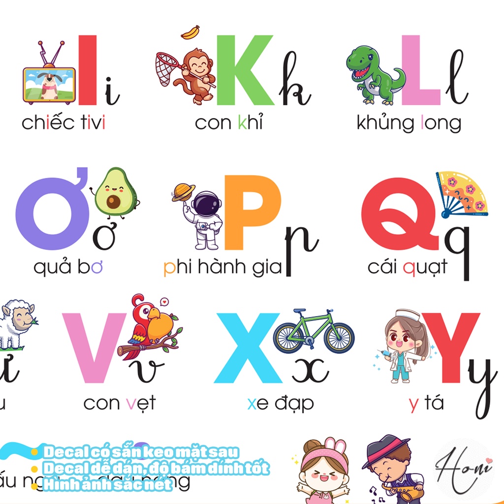 Decal Bảng chữ cái Tiếng Việt dán tường cho bé - 29 chữ cái tiếng việt