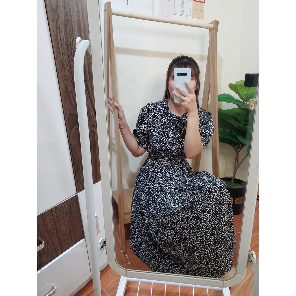 Váy đầm dài dáng xòe thanh lịch họa tiết da báo vintage 2 màu đen nâu | BigBuy360 - bigbuy360.vn