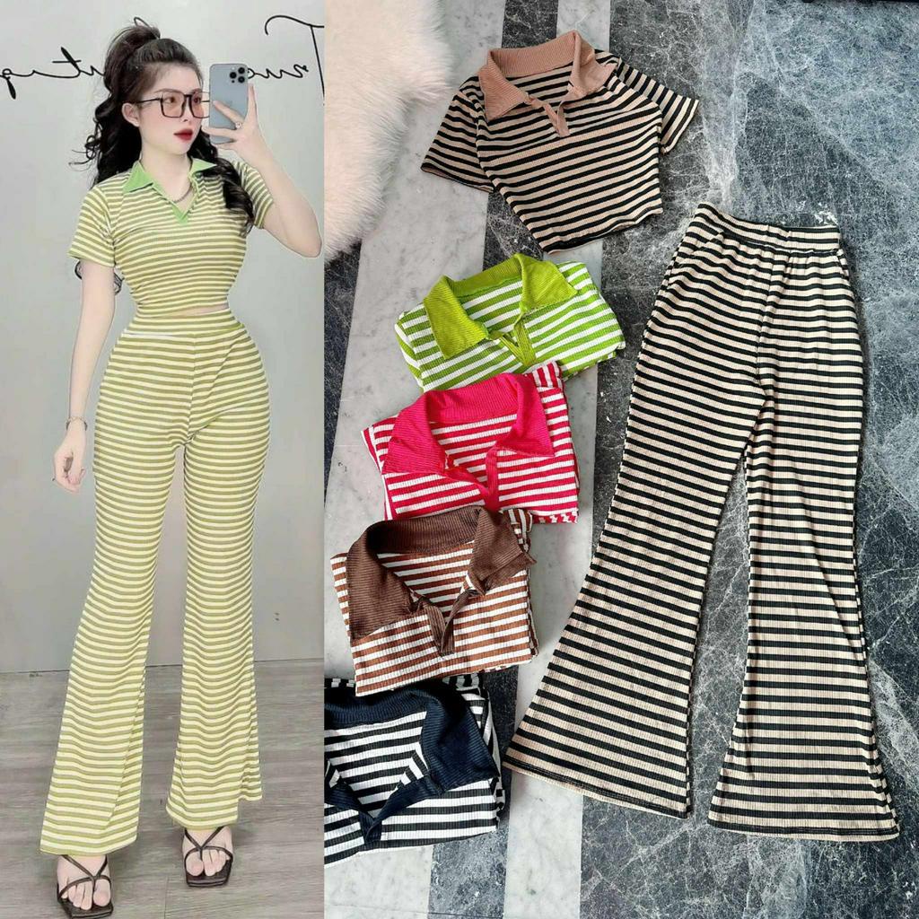 Đồ bộ nữ, set đồ bộ thun gân borip quần ống loe lưng cao có túi và áo croptop ôm cổ sơ mi, bộ đồ mặc nhà, quần áo nữ
