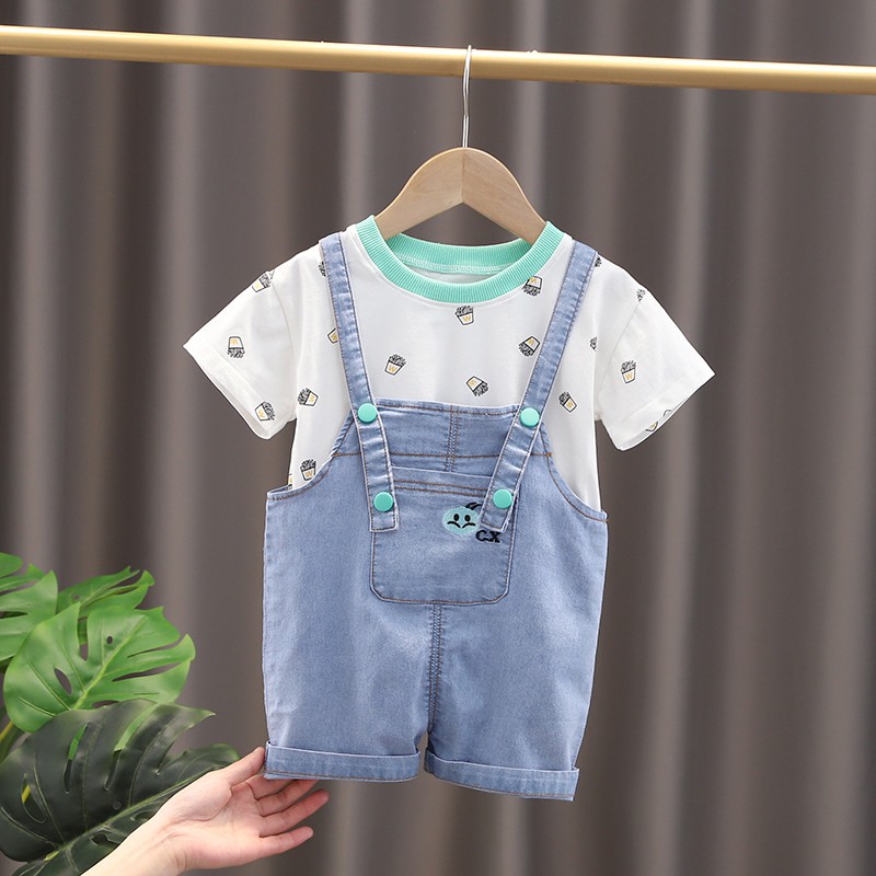 Set Áo Thun Cổ Tròn &amp; Quần Yếm Denim Cho Bé