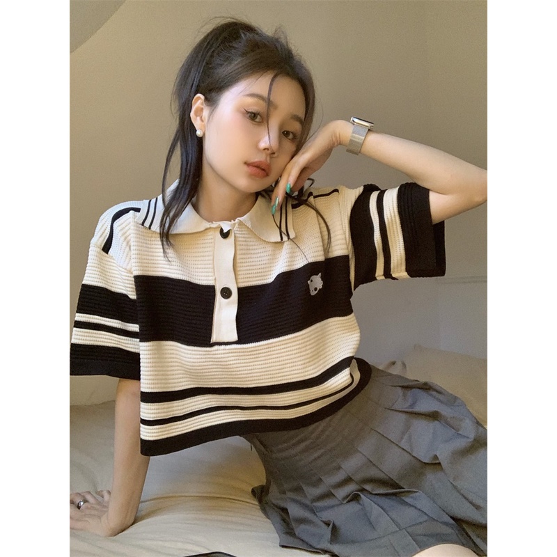 Áo polo Họa Tiết Sọc Phong Cách Hàn Quốc Thời Trang Cho Nữ