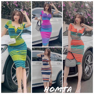 Đầm body sọc ngang nút cài trơn