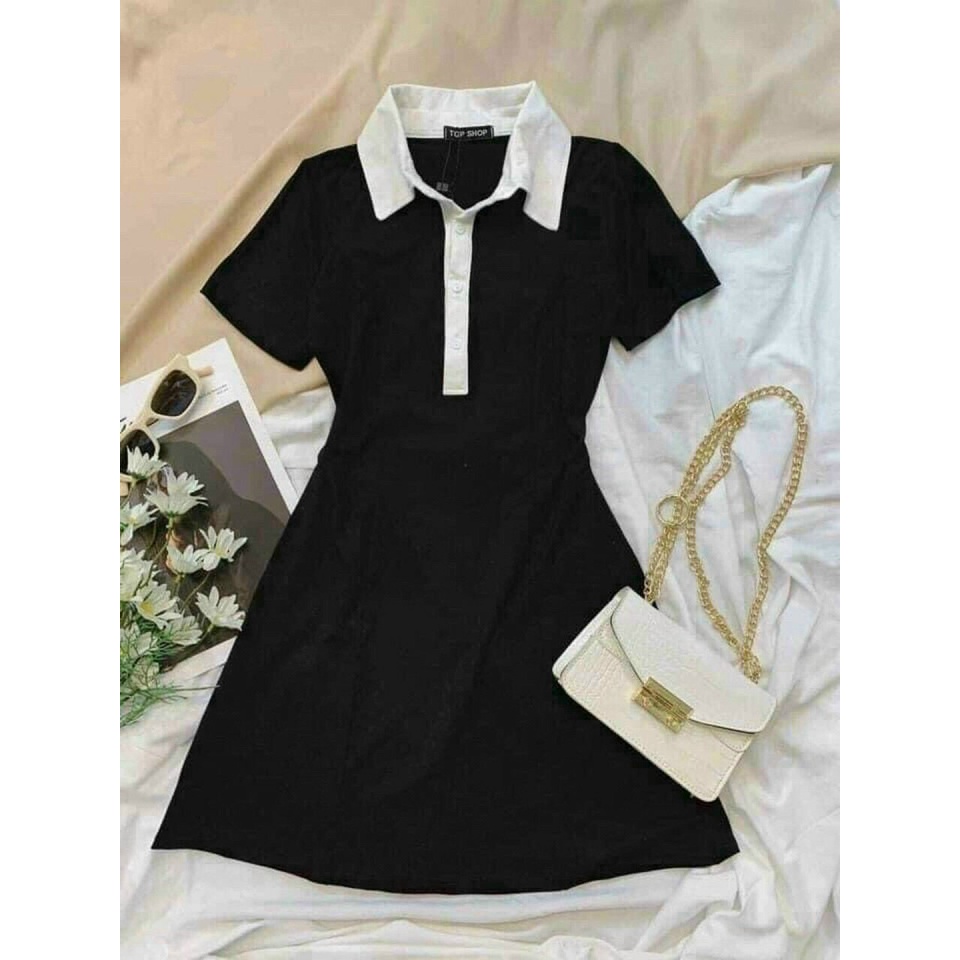 Đầm Polo Body Dáng A Đen Phối Cổ Trắng