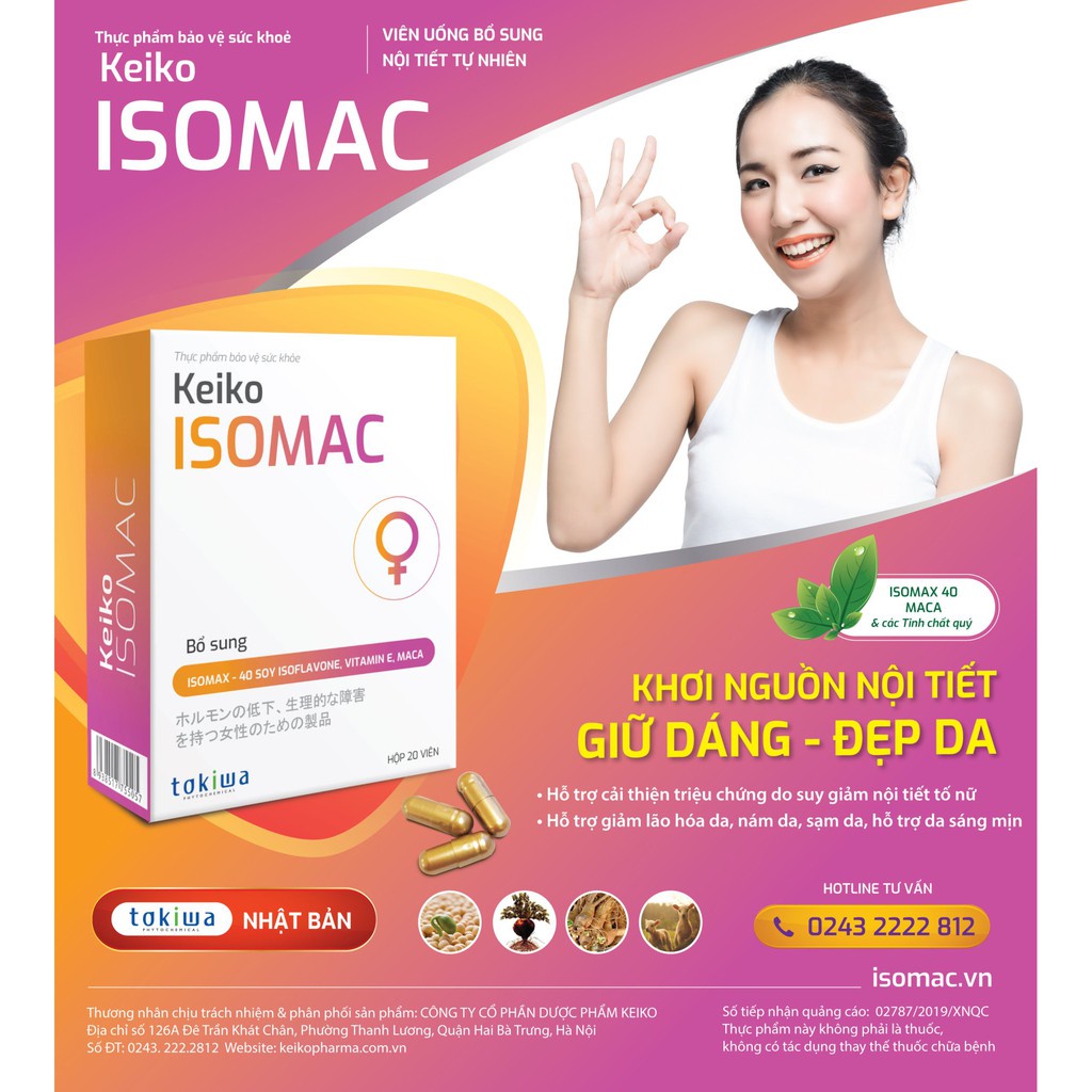 Viên uống nội tiết tố Keiko Isomac – Giúp tăng cường sinh lý nữ, giảm dấu hiệu tiền mãn kinh, giảm nám sạm da (20 viên)
