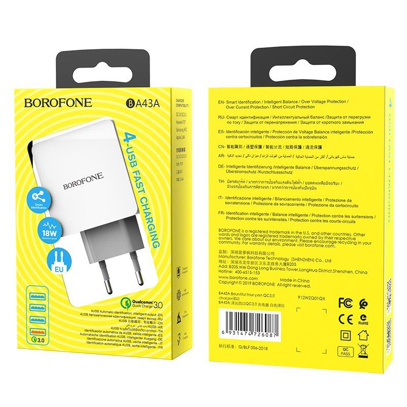 Củ sạc nhanh 18w QC3.0 Borofone Ba43A 4 cổng USB cho ip,tablet táo