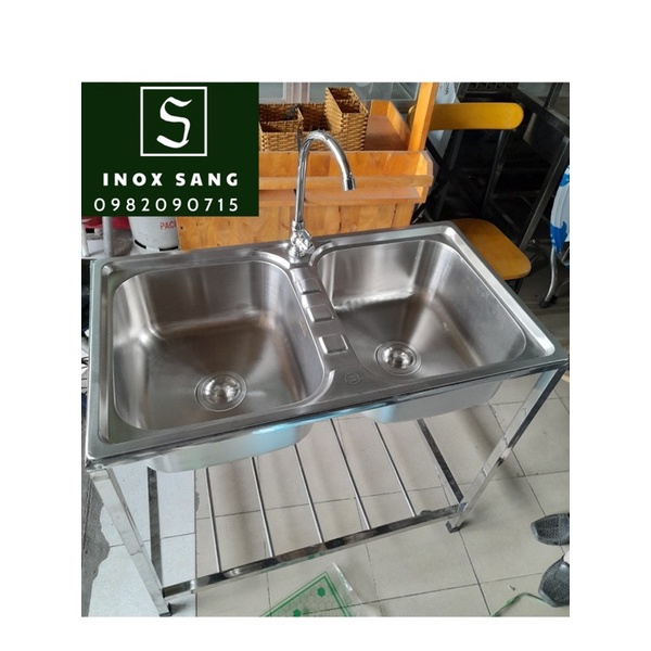 Bồn rửa chén 2 ngăn inox 304 có chân và đầy đủ phụ kiện