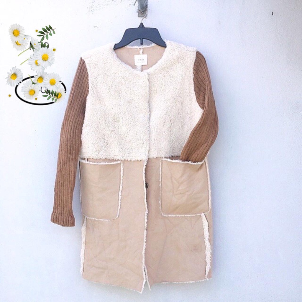 Áo khoác lông cừu pha da lộn tay len