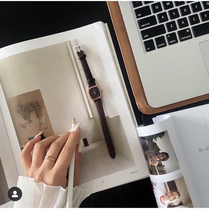 Đồng hồ nữ dây da mặt vuông RATE nâu mặt đen đồng hồ nữ mặt nhỏ chính hãng Watchesbytif đẹp giá rẻ chống nước size 22mm | BigBuy360 - bigbuy360.vn