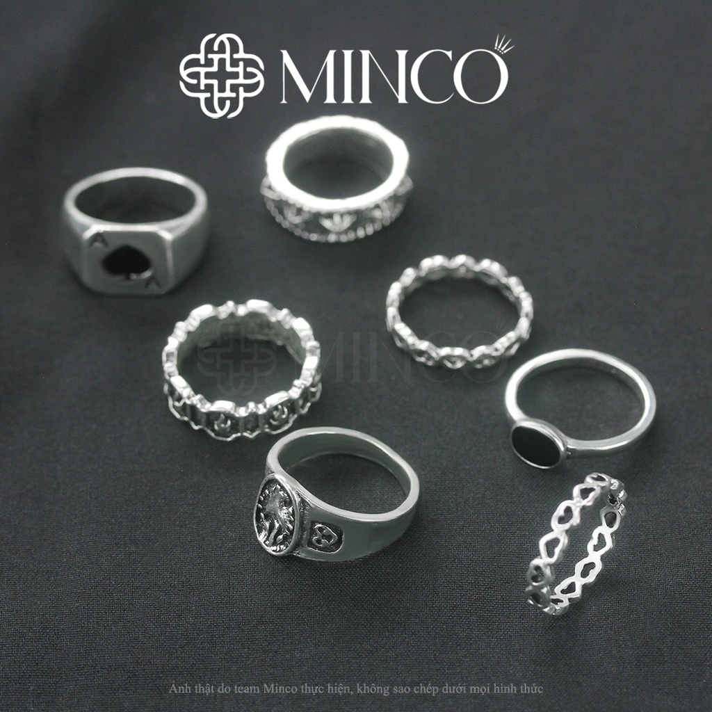 Set 7 Nhẫn nam màu bạc Minco Accessories phong cách Hip hop cá tính Ngầu Đẹp Chất Liệu Titan Không Gỉ NT02