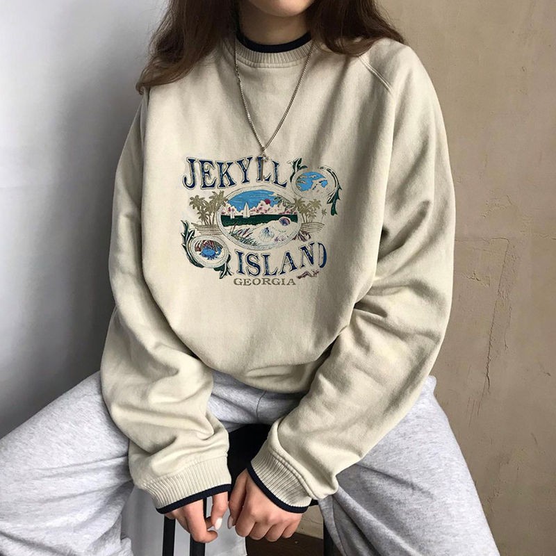 Áo Hoodie Kaki Tay Dài Dáng Rộng In Họa Tiết Kiểu Retro Mỹ Thời Trang Xuân Thu Cho Nữ