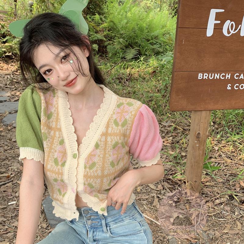 Áo Cardigan Ngắn Tay Cổ Chữ V Màu Sắc Tương Phản Phong Cách Vintage Dành Cho Nữ