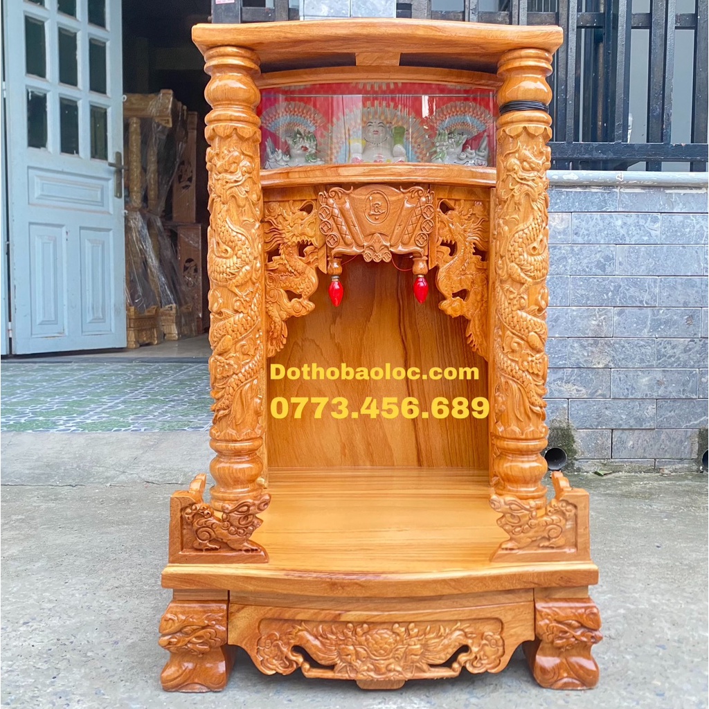 Bàn thờ thần tài gỗ gõ đỏ quỳ trụ hộp điện tử ngang 48cm