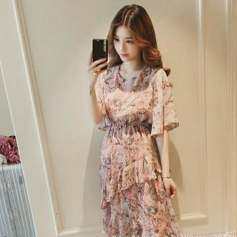 Đầm nữ đẹp in hoa chất voan váy dự tiệc ulzzang dáng xoè 2 tầng Đầm dự tiệc tay lỡ nơ lưng tầng xéo cách điệu (TT2192)