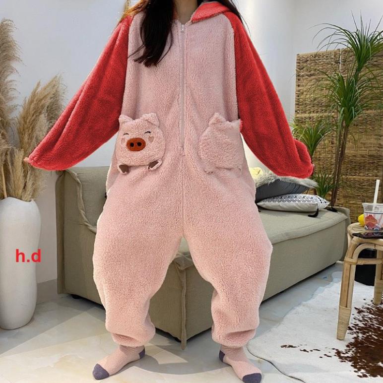 Bộ jumpsuit thêu mặt Lợn dáng liền thân chất lông cừu dày giữ nhiệt tốt form rộng oversize kèm ảnh thật