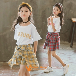 Mới Set Áo Thun Tay Ngắn In Chữ + Chân Váy Sọc Caro Phong Cách Hàn Quốc Cho Bé Gái