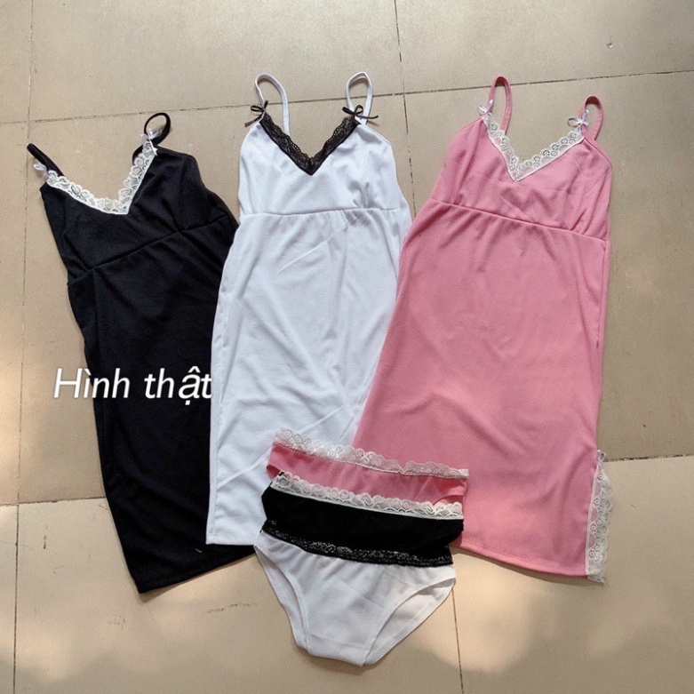 Đầm ngủ 2 dây tặng kèm quần chip phối ren vải thun gân - A2U