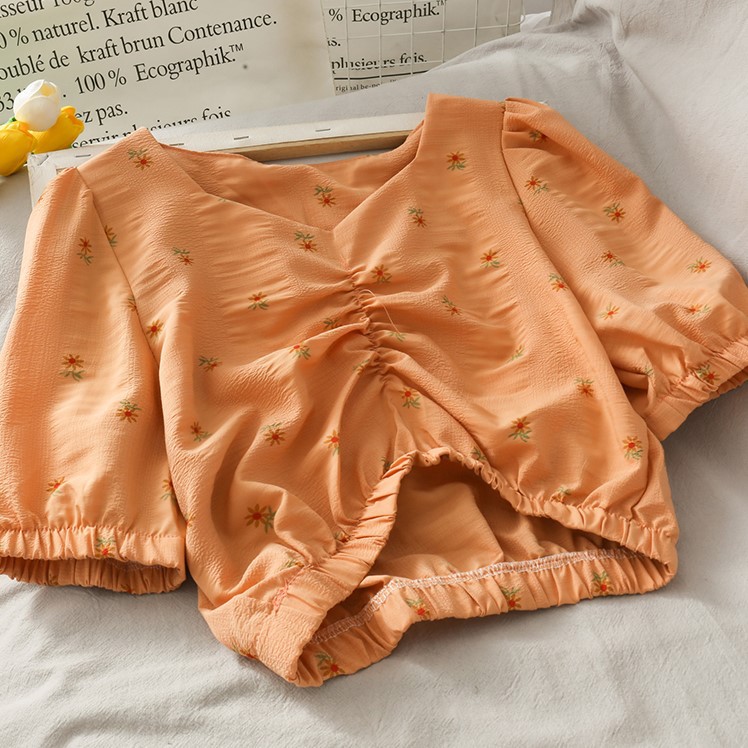 Áo Croptop Hoa Nhí Cổ Vuông Tay Lỡ Nhún Ngực Hàng Quảng Châu Loại 1 AX03 Kèm Ảnh Thật